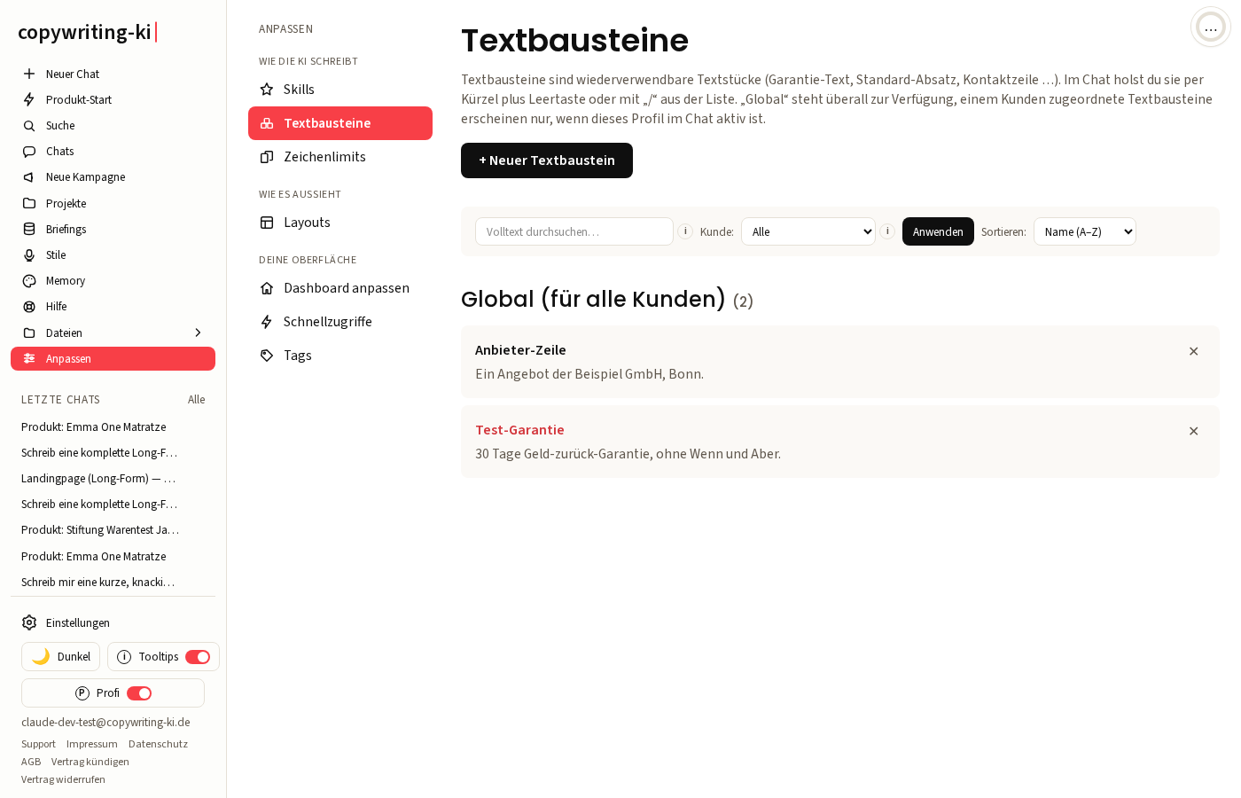 Die Textbausteine-Übersicht mit angelegten Textstücken