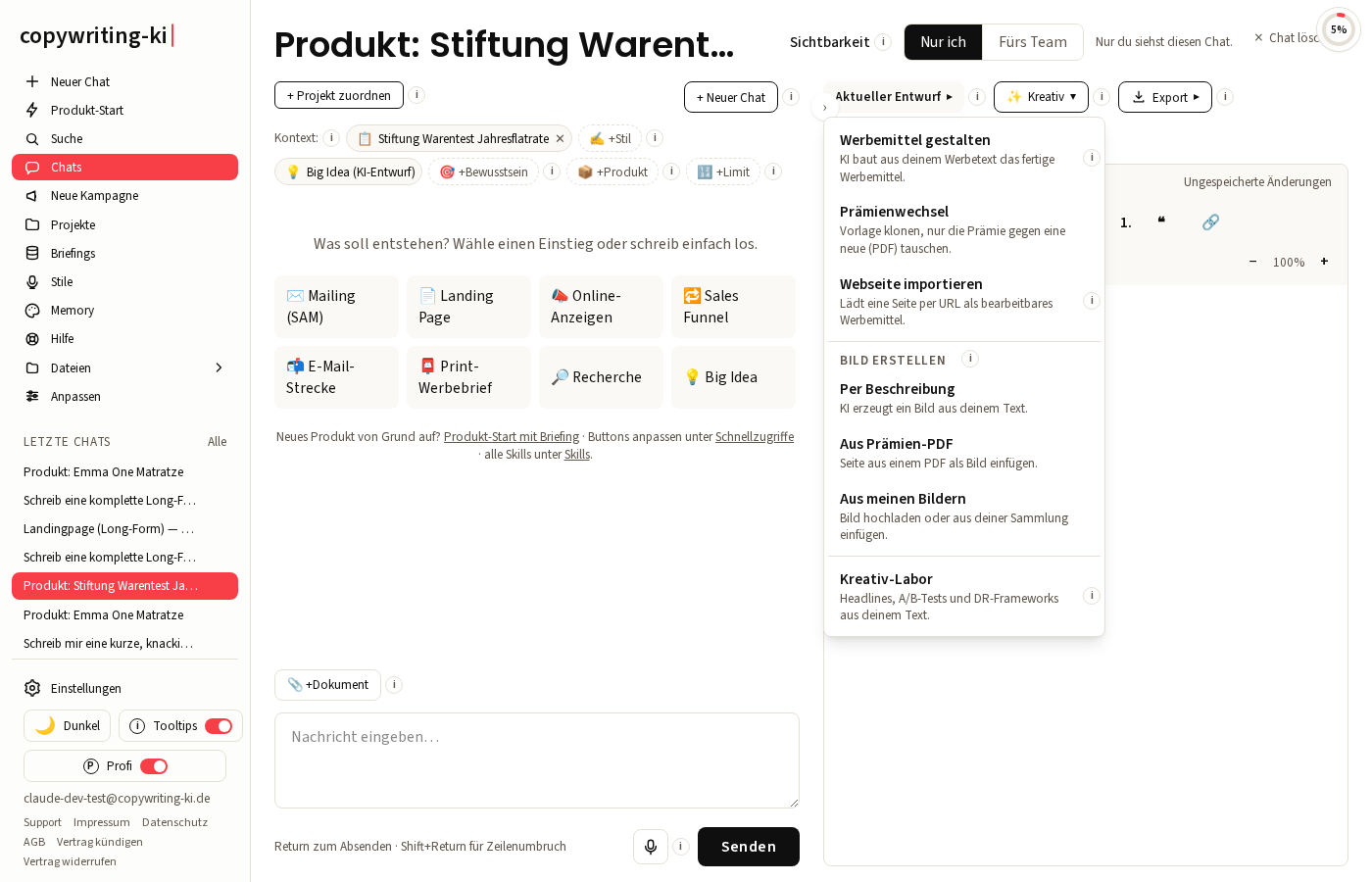 Das Kreativ-Menü mit seinen Werkzeugen