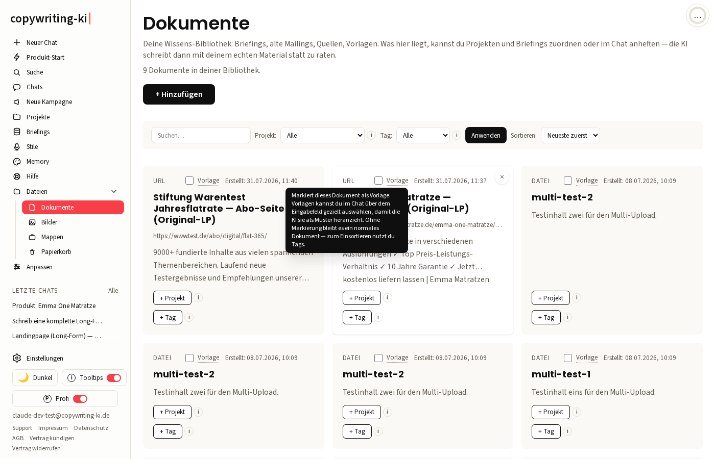 Die Dokumente-Bibliothek mit Filter-Leiste (rechts darin das Sortier-Menü) und den Dokument-Karten