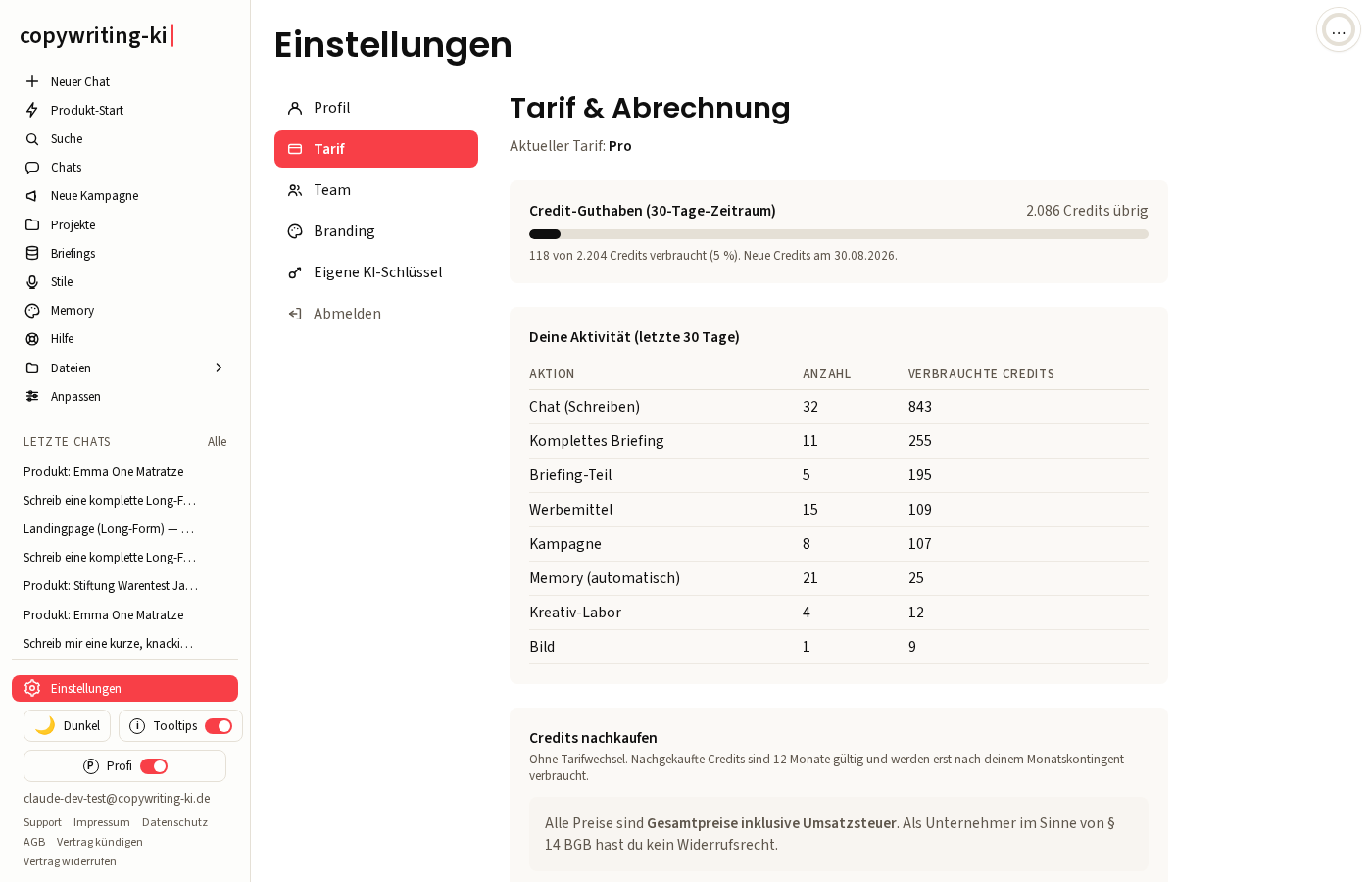 Die Seite Tarif und Abrechnung mit Credit-Guthaben, Aktivitäts-Tabelle und Credit-Verlauf